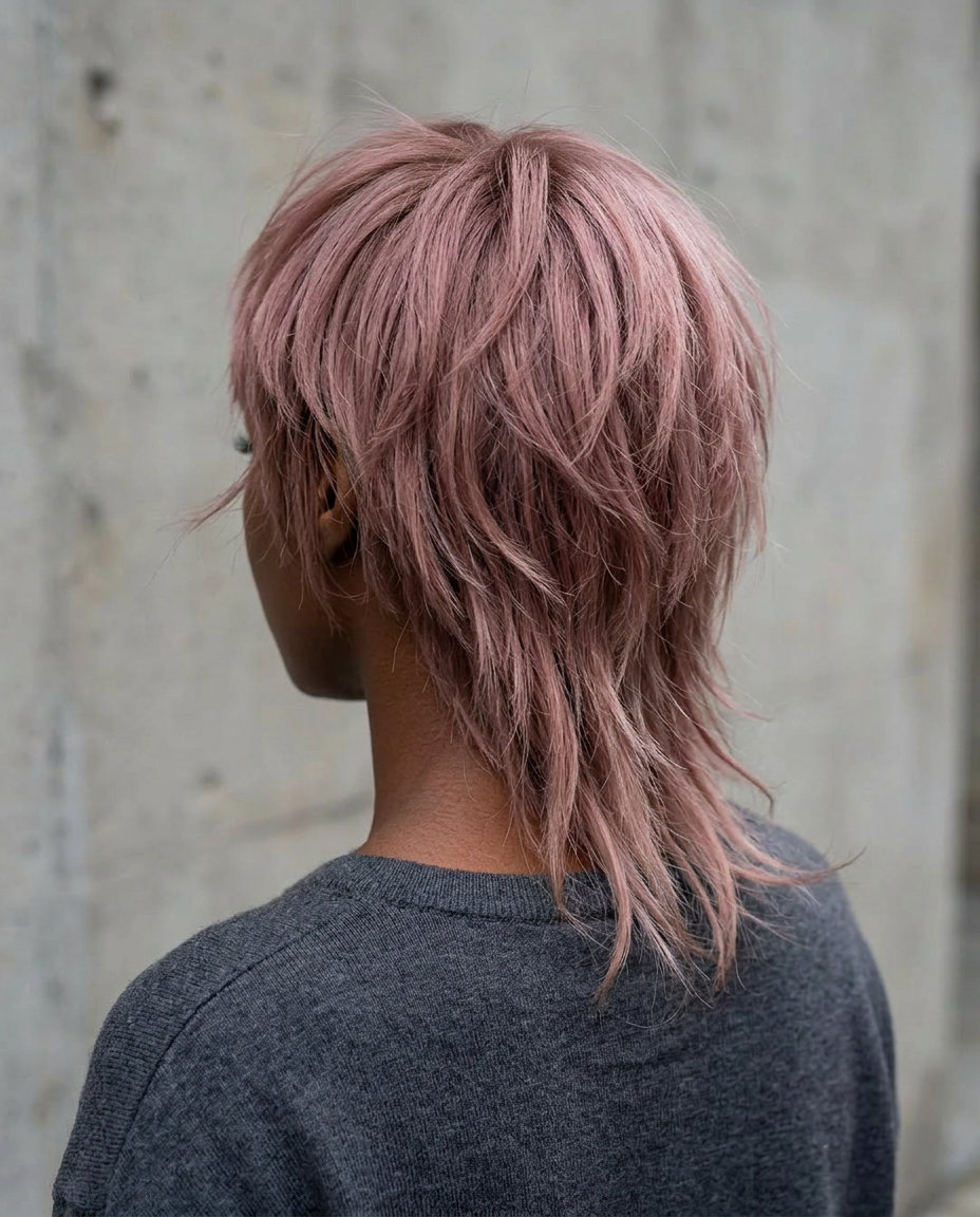 medium ashy pink wolf cut with dusty rose, feathered face-frame, tapered ends — cool alternative style