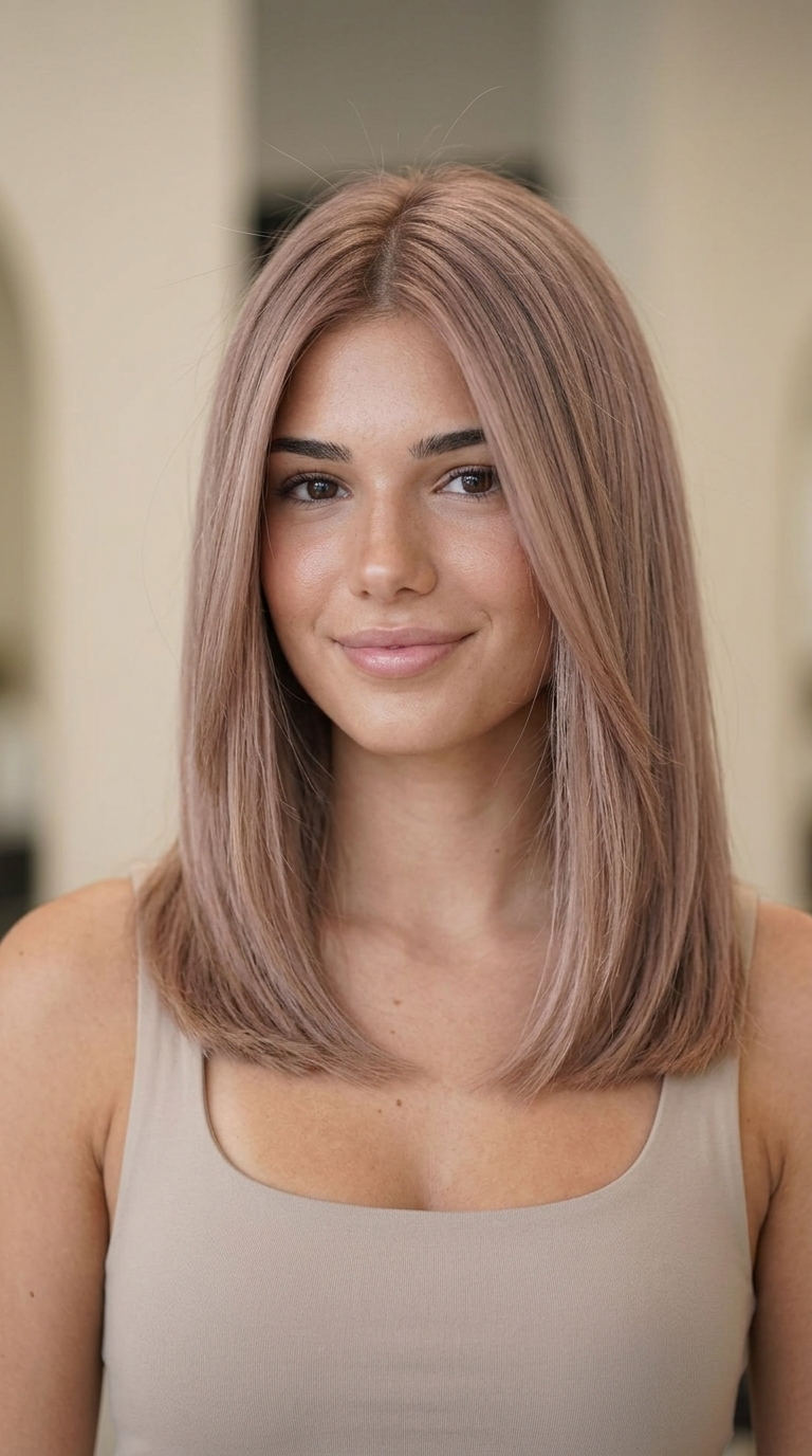 Sophisticated Strawberry Blonde 2026 shoulder-length strawberry blonde with ashy undertones, muted cool blend — professional event