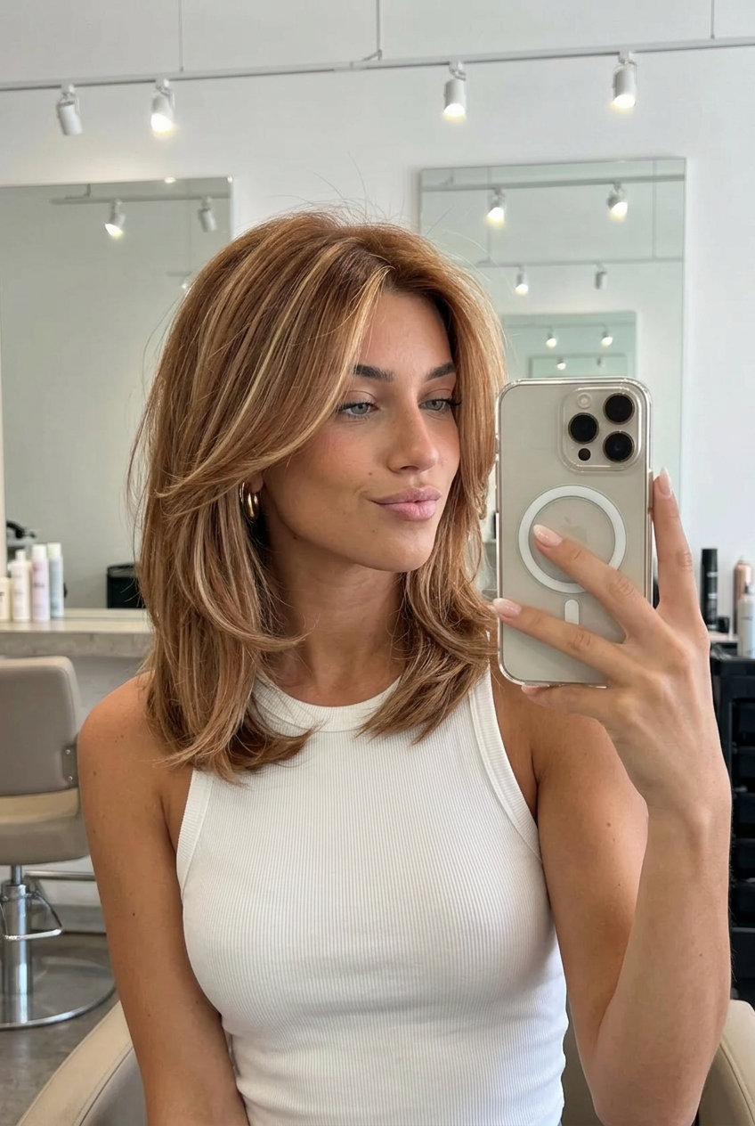 long layered auburn beige babylights with sun-kissed highlights, babylights technique — soft summer vacation