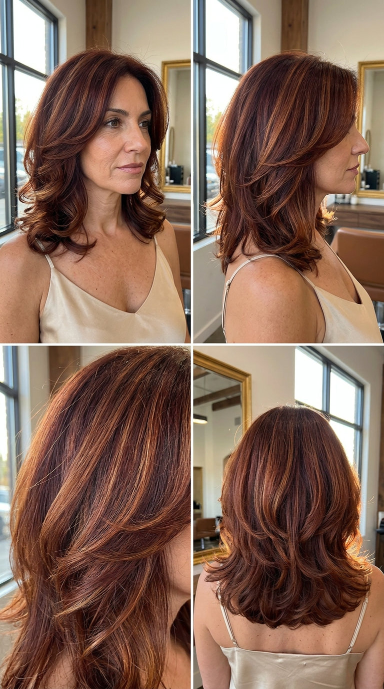 collarbone-length auburn layered haircut with copper-gold highlights for summer