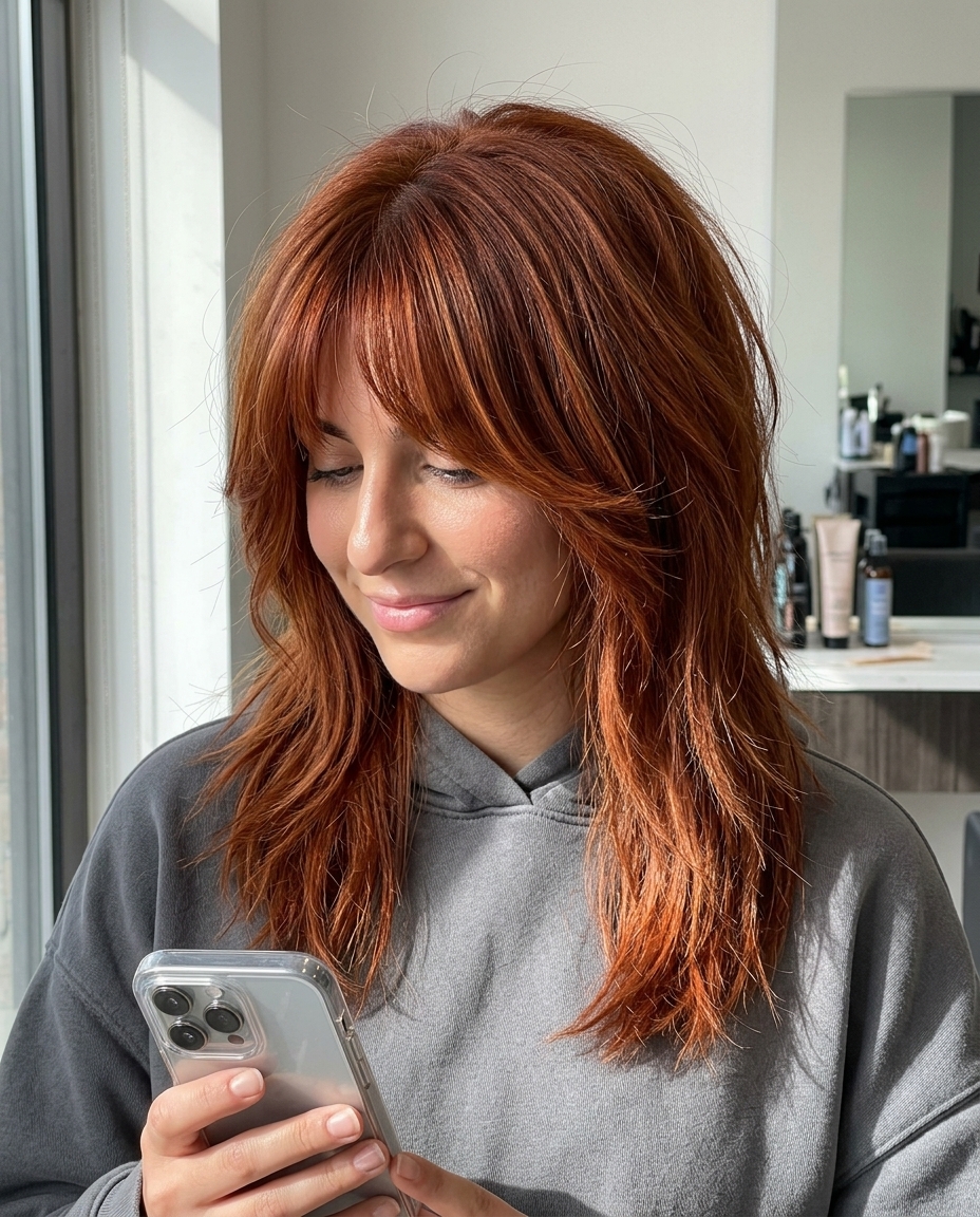 shoulder-length shag with vibrant auburn & copper-red, golden babylights, razored layers — bold fiery retro