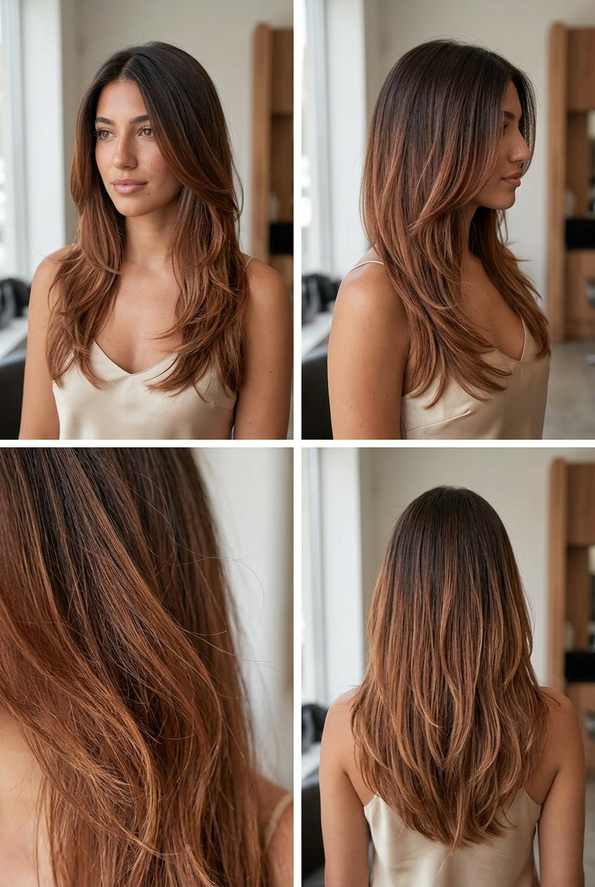 long layered haircut with auburn ombré and soft waves for bohemian style