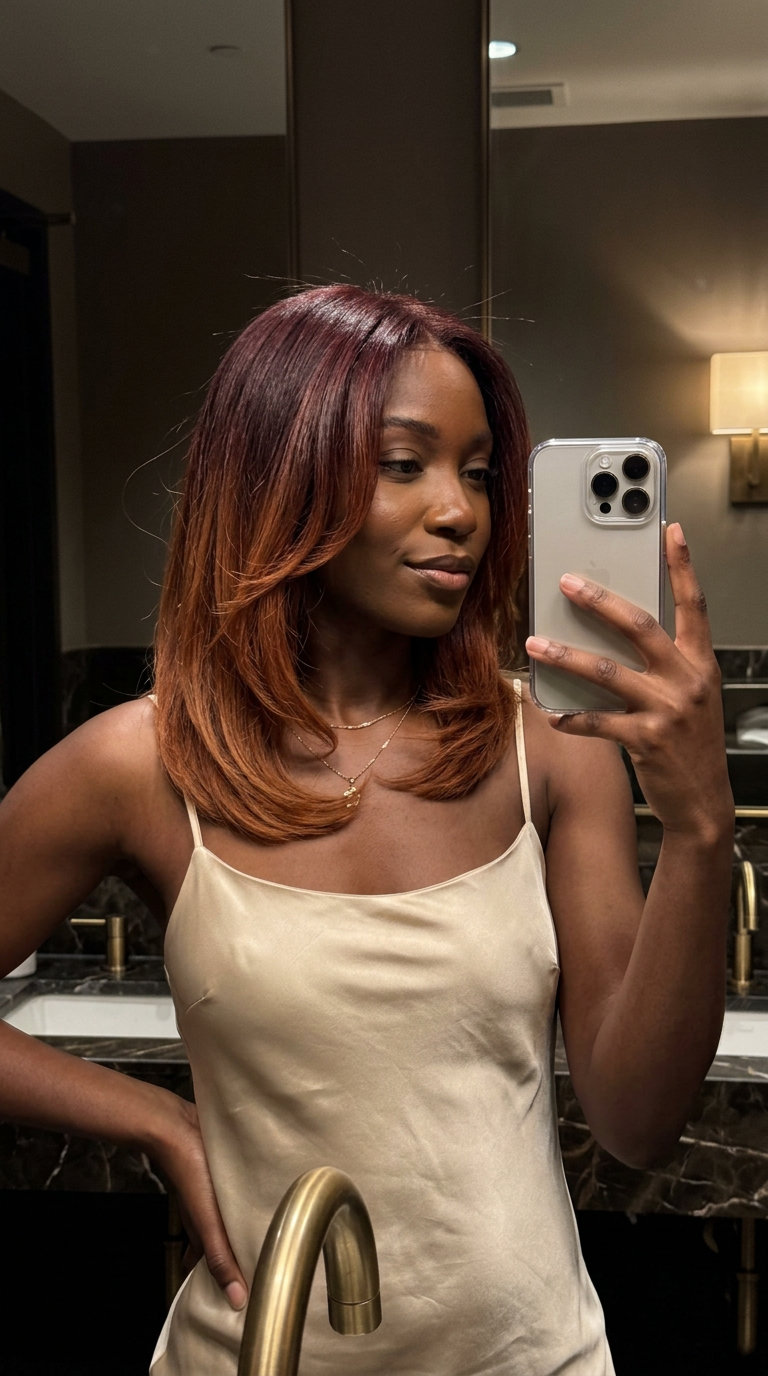 long layered ombre hair color with deep auburn, coppery red, warm brown, seamless melt — romantic sophisticated look