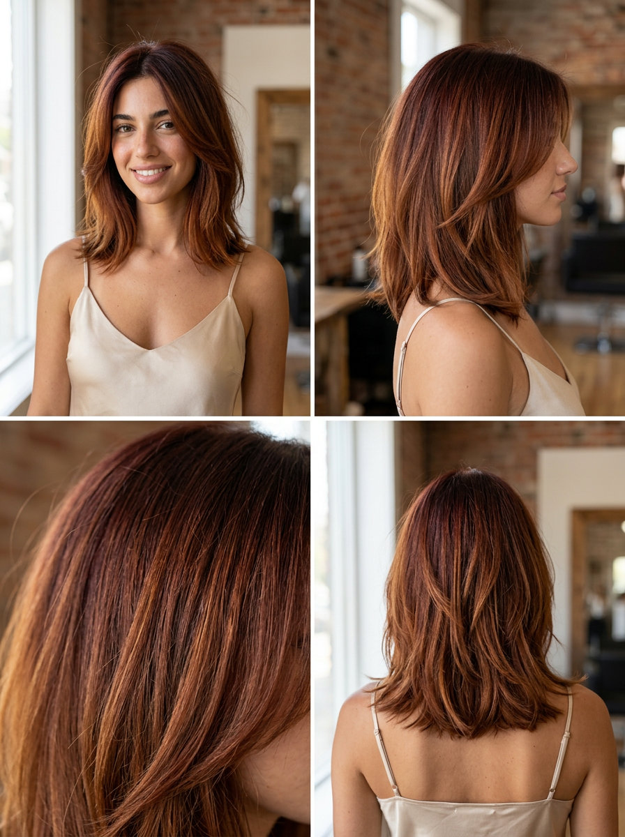 medium auburn shadow root with warm auburn mid-lengths and soft layers for daily wear