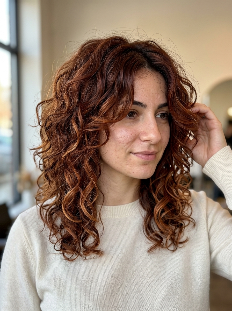 mid-length curly shag haircut in deep auburn with copper-gold highlights, heavy layering — bohemian summer haircut 2026