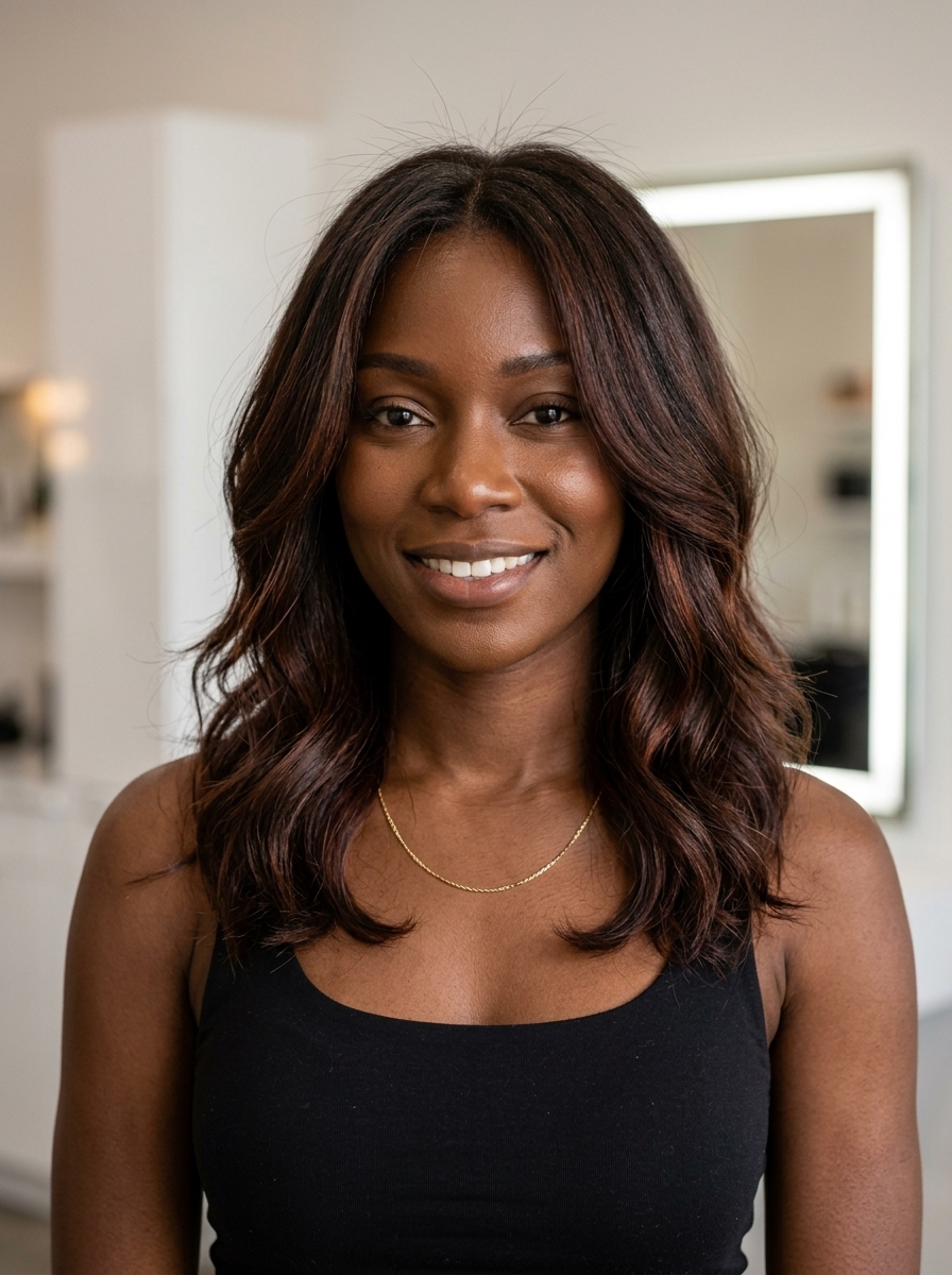 long chocolate brunette hair color with auburn underglow, subtle warmth, bold mood