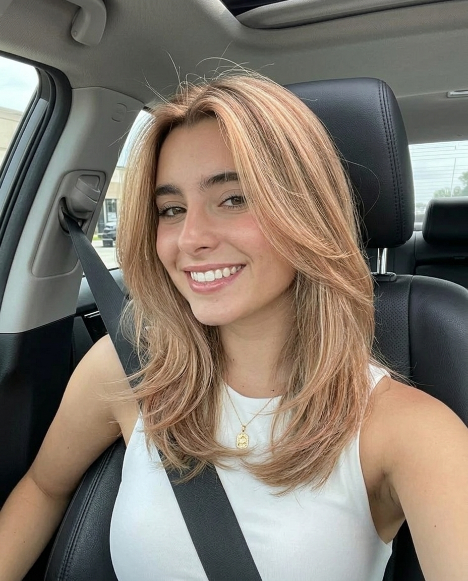Natural Strawberry Blonde Babylights 2026 long bob strawberry blonde hair color with babylights, no bangs — soft natural