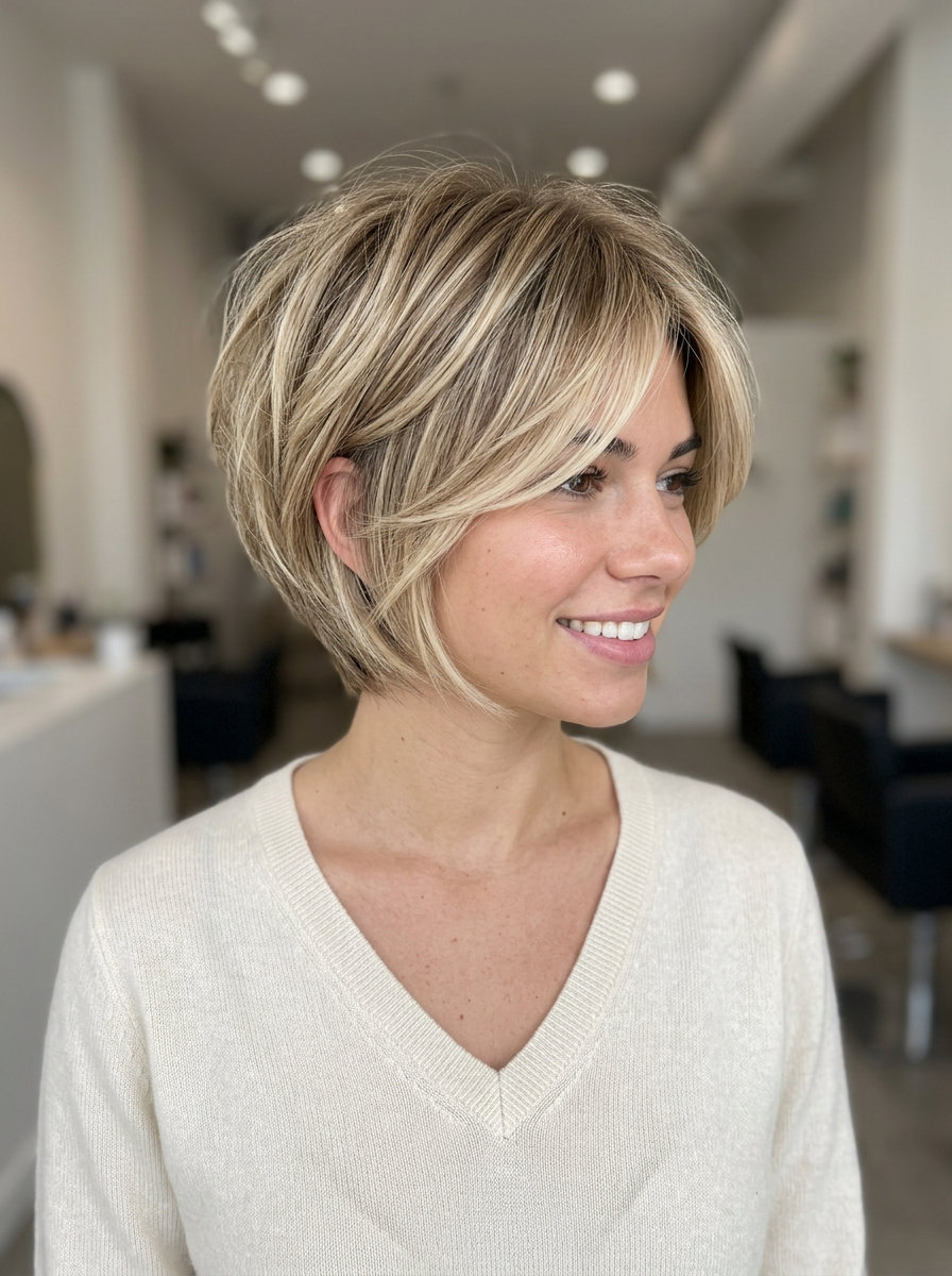 ear-grazing crop with bambie blonde, light brown ribbons and razored layers for earthy chic
