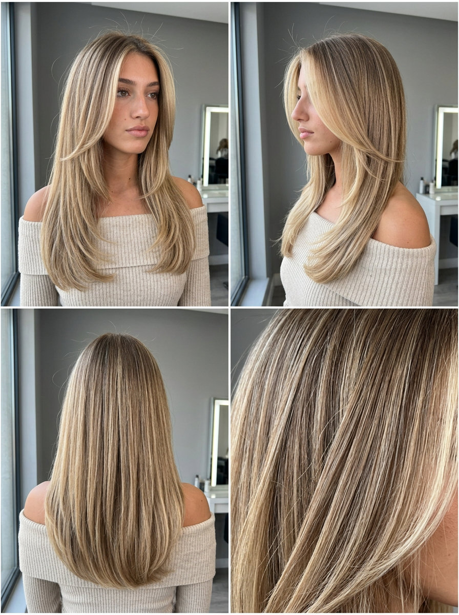 long multi-tonal Bambie blonde with soft caramel, reverse balayage, no fringe — dreamy boho