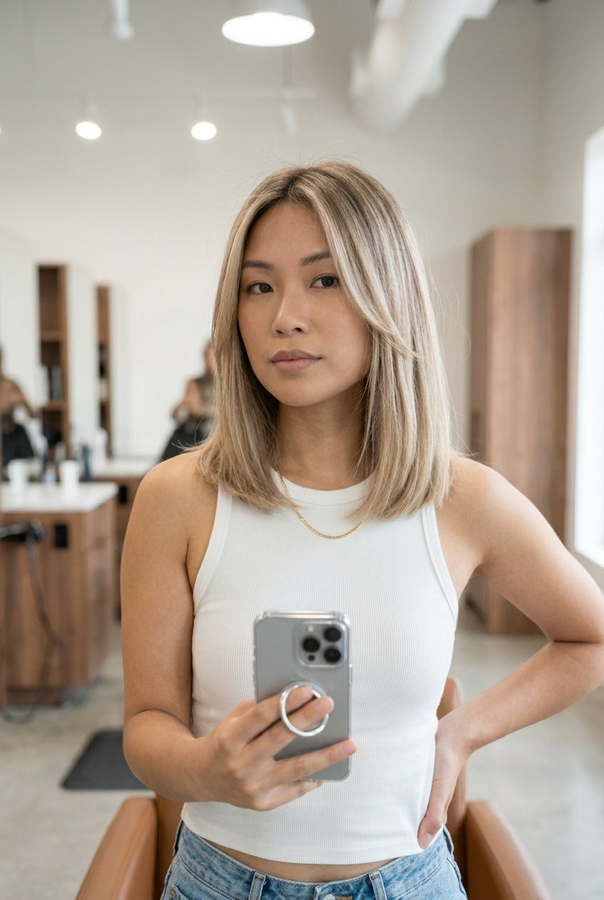shoulder-length bambie blonde lob with internal layers and face-framing pieces for daily wear