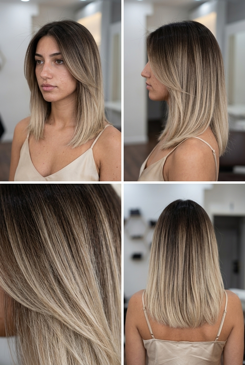long cool chocolate brunette hair color with beige blonde melt, color melt for summer 2026