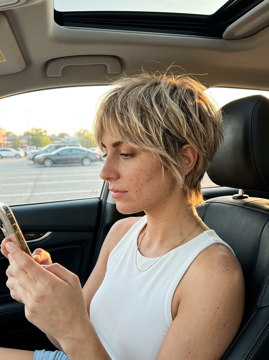 short lived-in beige blonde crop with choppy layers and wispy fringe for playful weekends