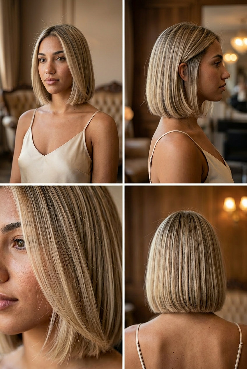 chin-length box bob haircut with neutral beige babylights, blunt perimeter for minimalist chic