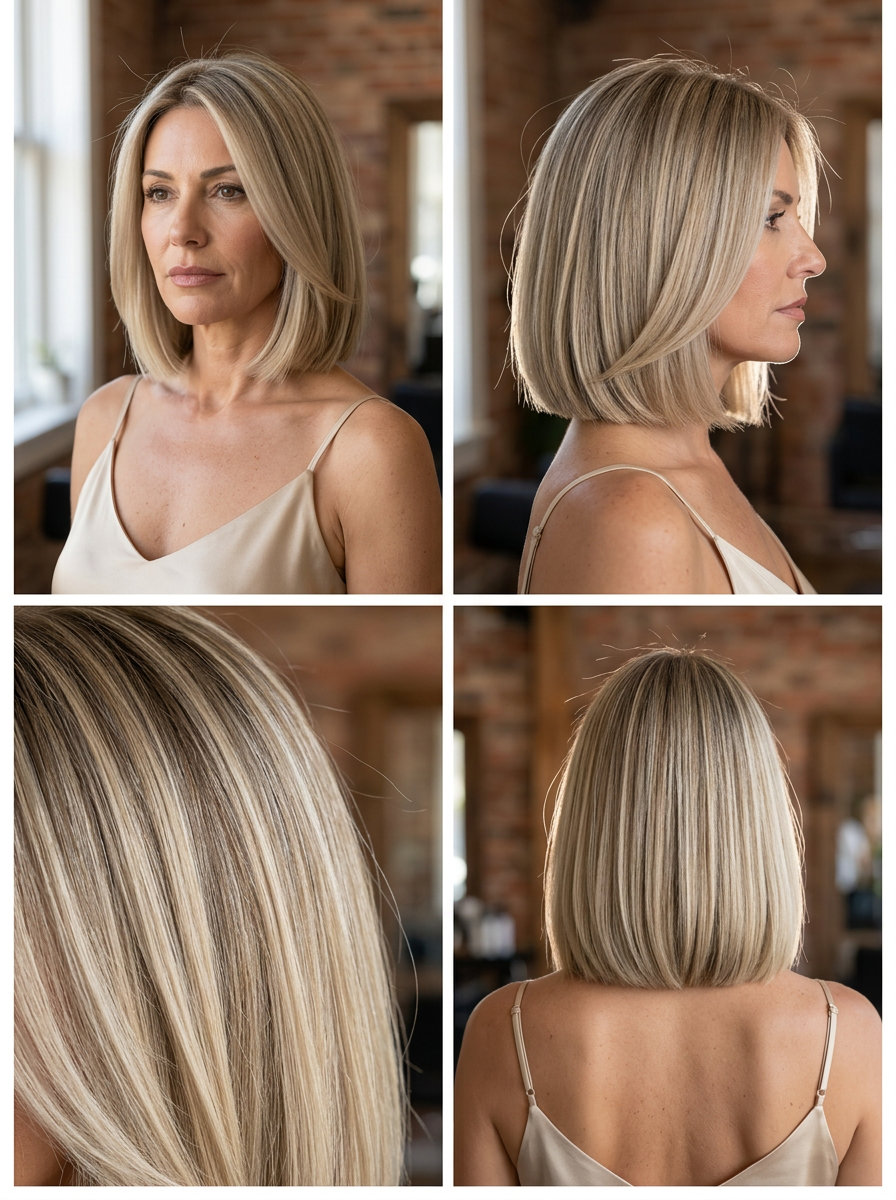 shoulder-length beige blonde bob with blunt cut and root shadow for sophisticated summer style