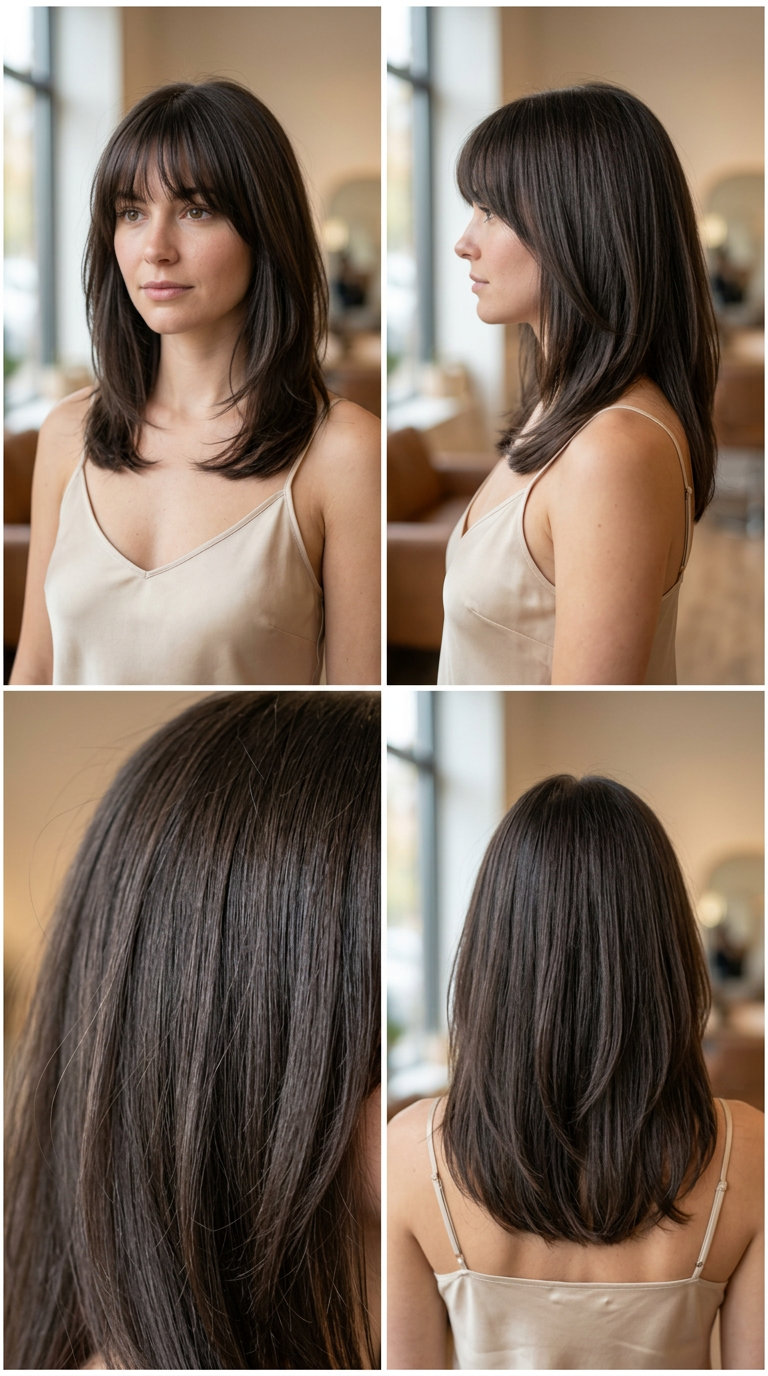 shoulder-length layered brunette hair with cool espresso tone, wispy Birkin bangs, face-framing layers — chic sophistication