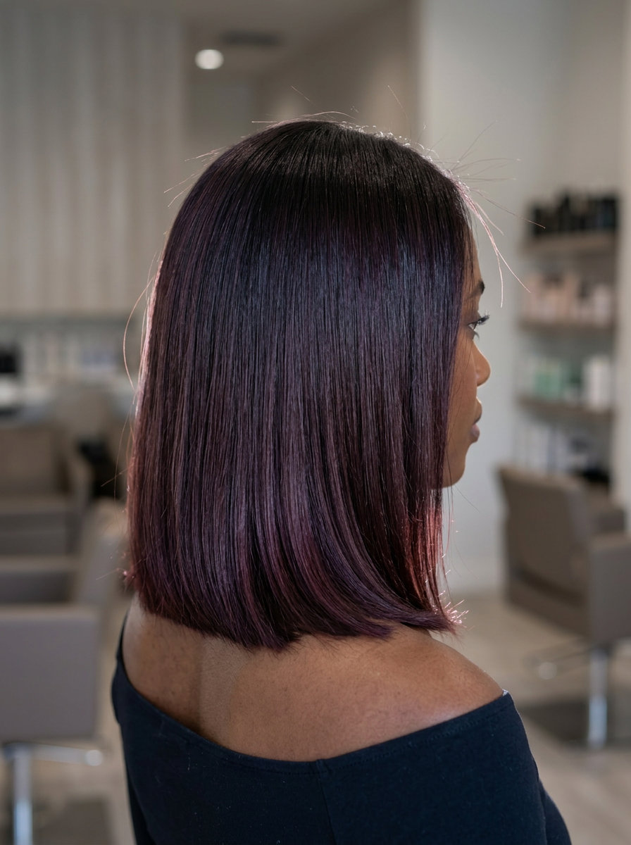 chin-length blunt lob with black cherry gloss and espresso base for elegant events