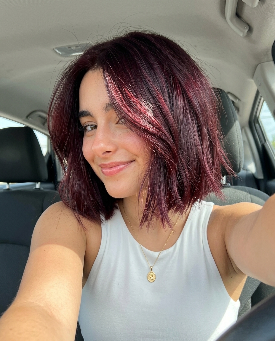 chin-length bob in black cherry glaze with crimson glow and violet undertones, point-cut ends and diffused bangs — edgy textured look