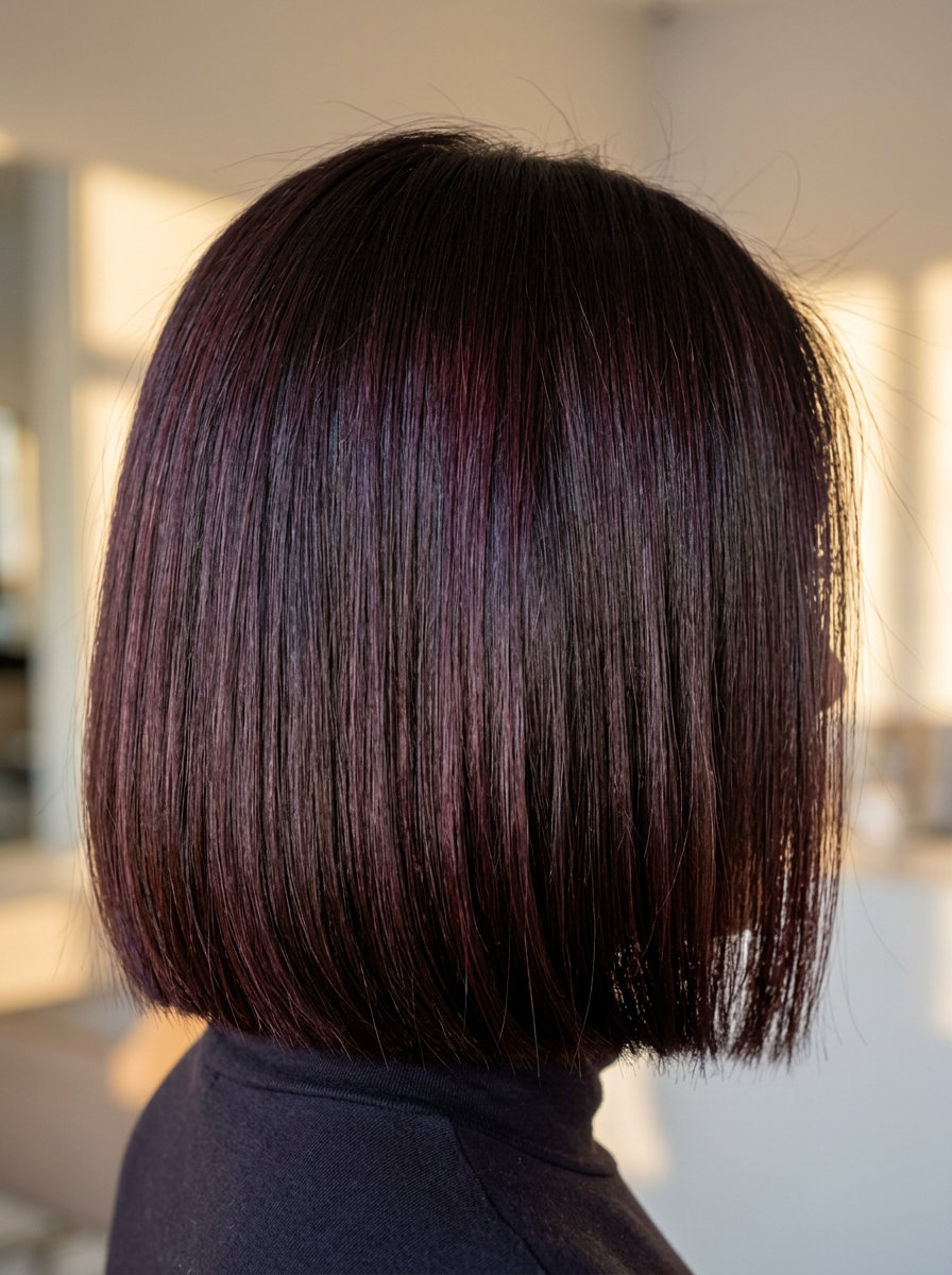 jaw-length black cherry chocolate bob with blunt ends for retro glamour