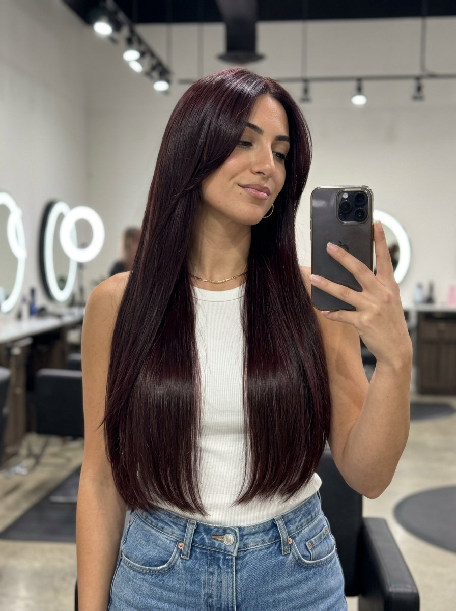 extra-long black cherry brunette with blunt ends for glamorous style