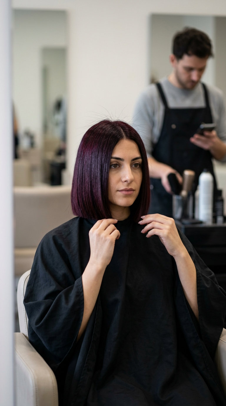 chin-length blunt bob haircut in black cherry glaze burgundy with glass hair finish for professional events