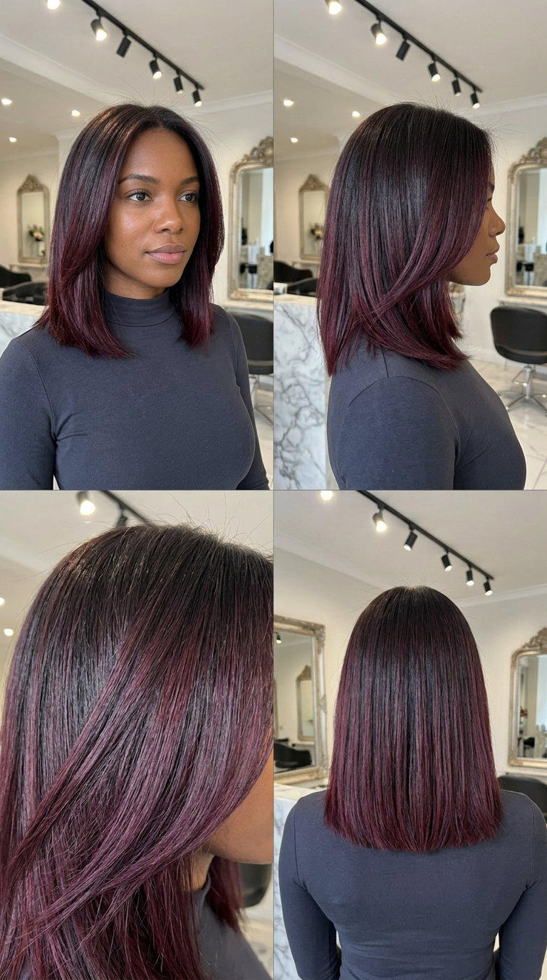 shoulder-length blunt lob with black cherry gloss and subtle ombré for elegant events