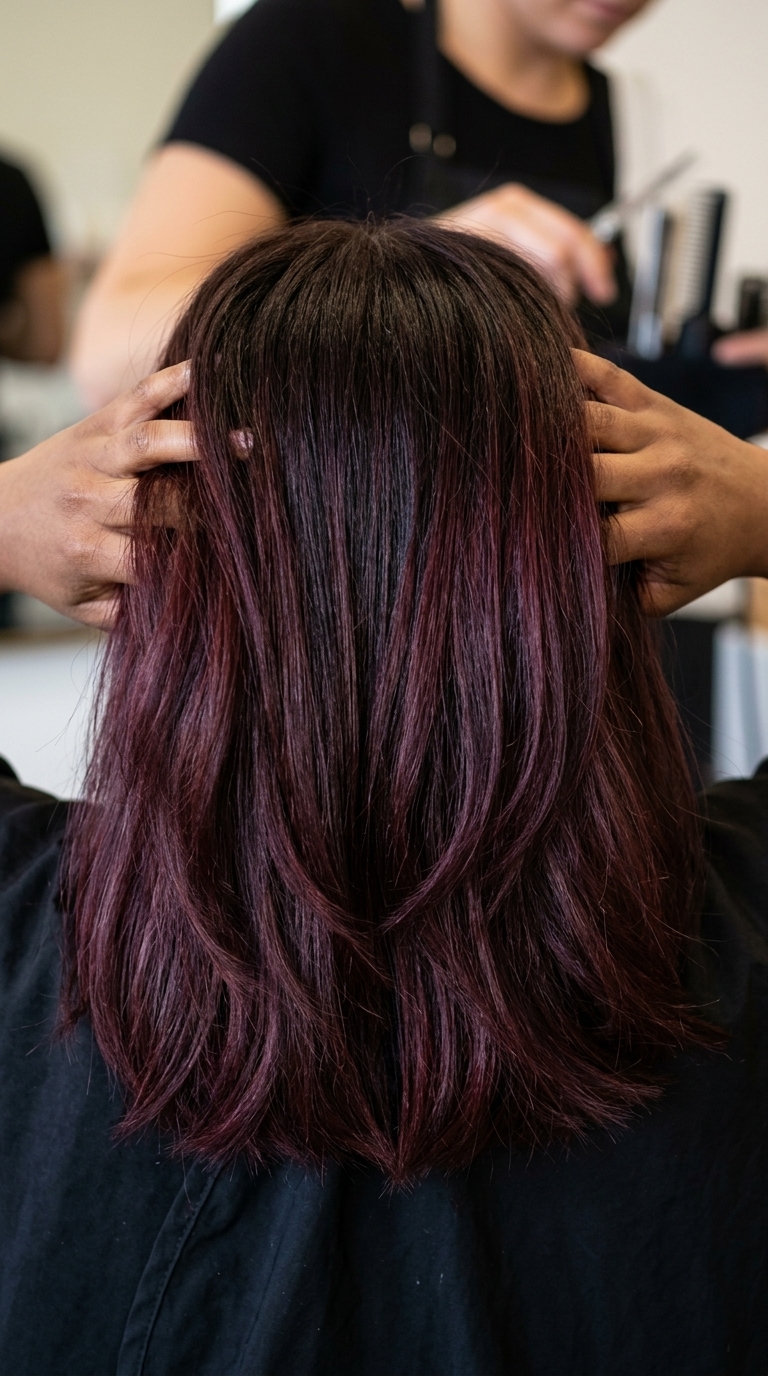 shoulder-length layered hair with black cherry balayage and soft layers for daily wear