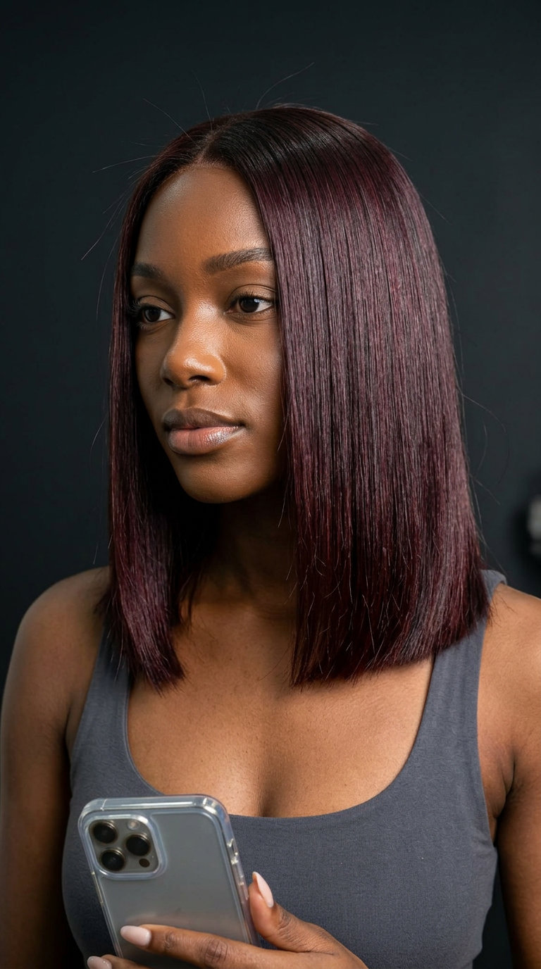 shoulder-length blunt lob in black cherry glaze with high-gloss finish and center part — elegant professional style