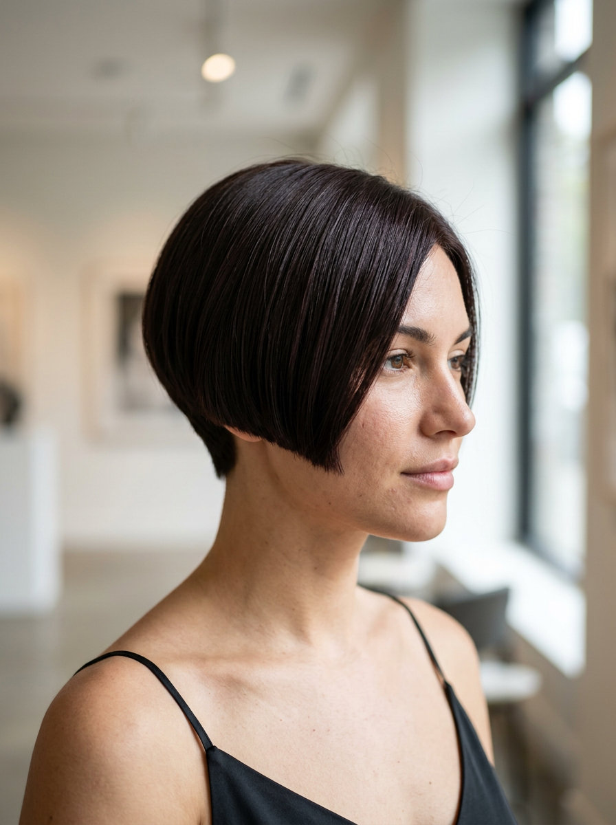 very short pixie haircut in deep espresso brunette with cherry undertones, blunt cut, tight taper — sophisticated sleek