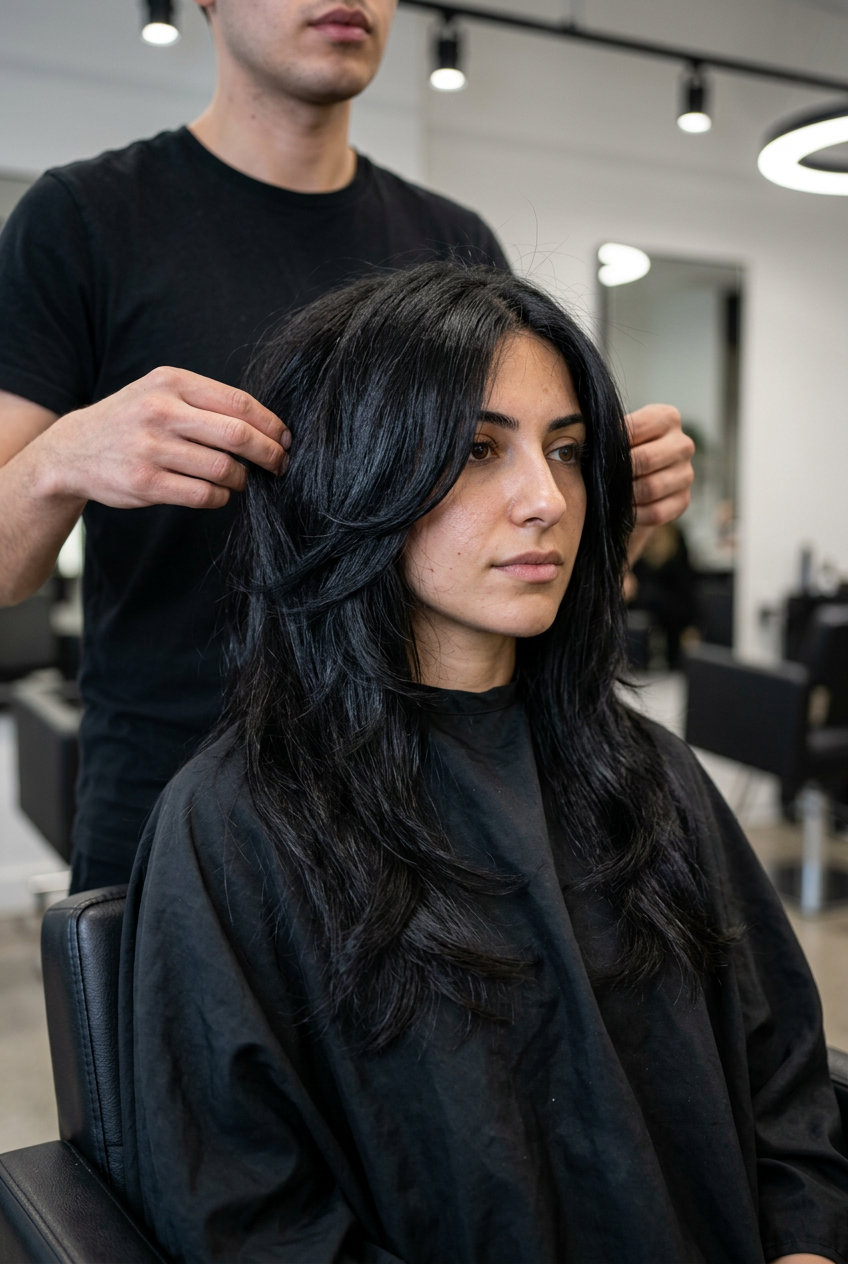 long natural black wolf cut with cool undertones, sculpted face-frame, V-cut back — mysterious evening look