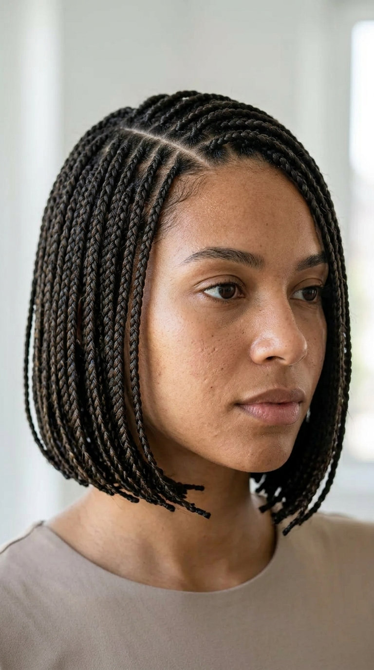 Chic Braided Summer Bob 2026 short chin-length box braids with natural black color, sharp blunt cut, no fringe — retro chic