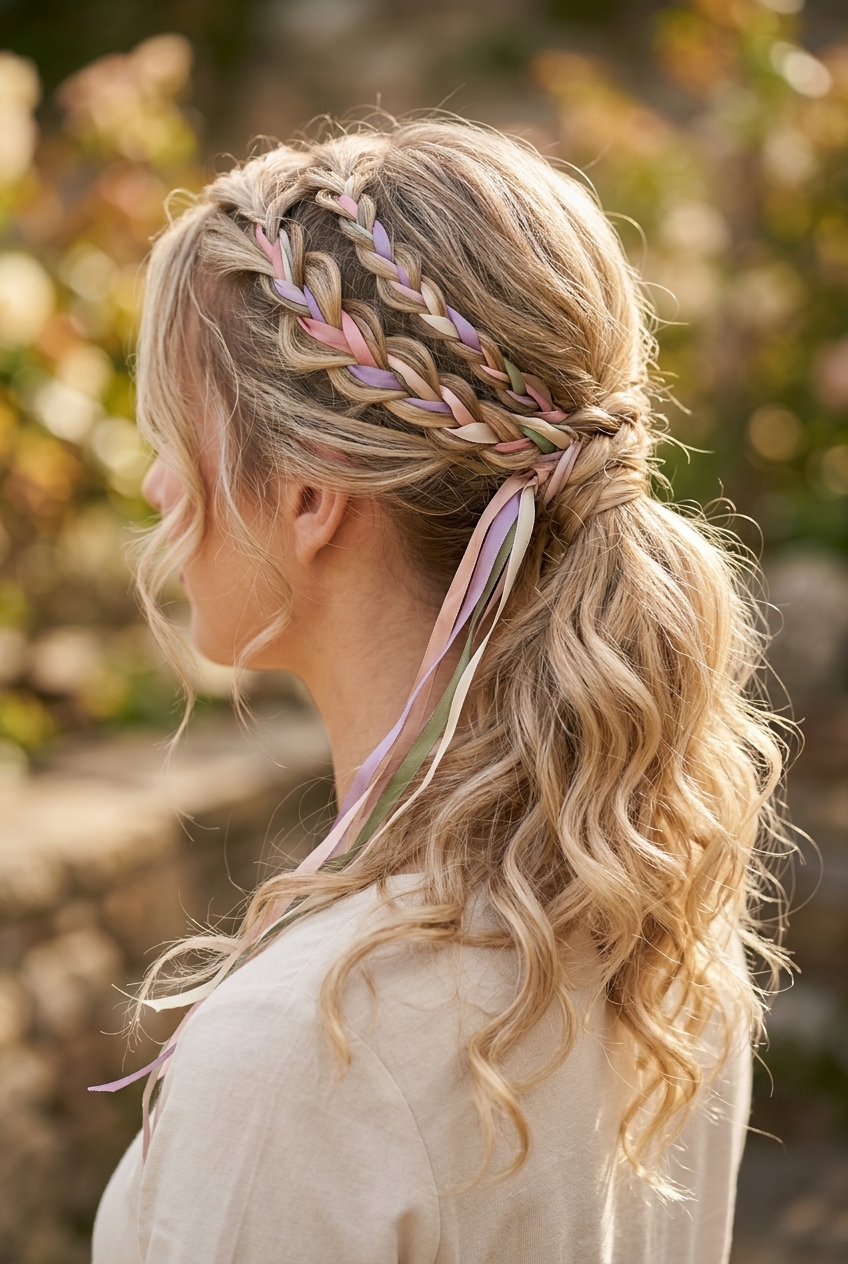 Whimsical Ribbon Braids 2026 long blonde half up half down with linen blonde color, braided pigtails with pastel ribbons for music festival