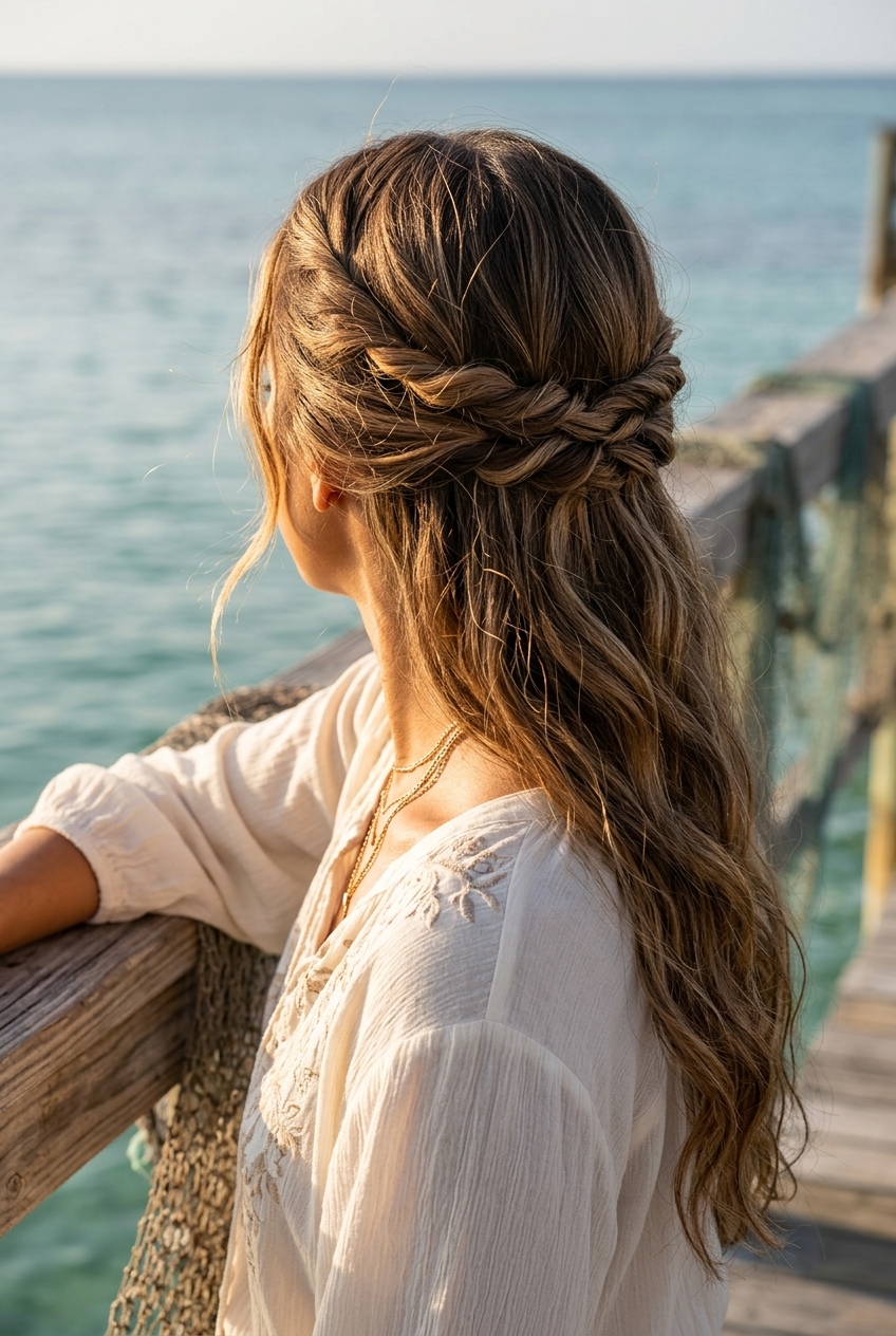 Bohemian Twisted Crown 2026 long blonde half up half down with sun-kissed blonde color, twisted crown with loose waves for garden party