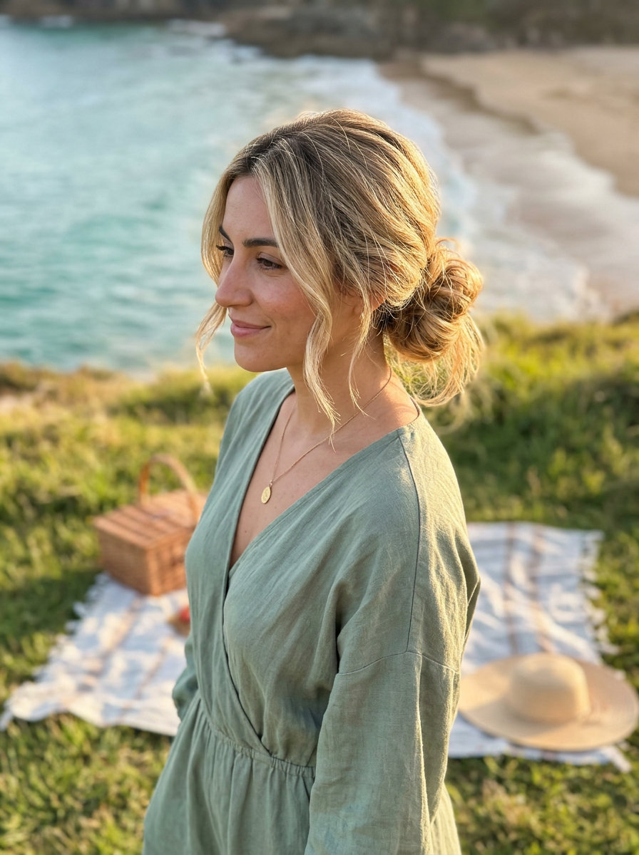 medium blonde low messy bun with textured layers and face-framing tendrils for summer