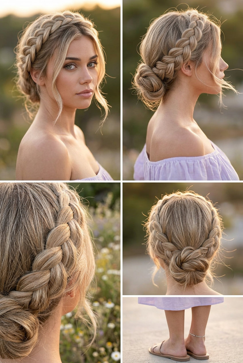 medium blonde Dutch braided halo updo with soft waves and face-framing pieces for summer