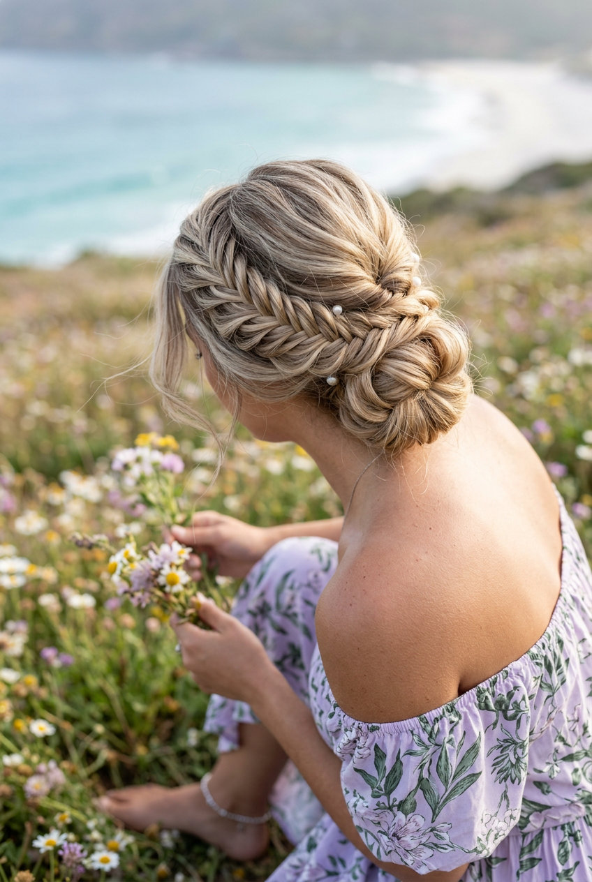 medium blonde fishtail braid bun with loose texture and face-framing pieces for summer