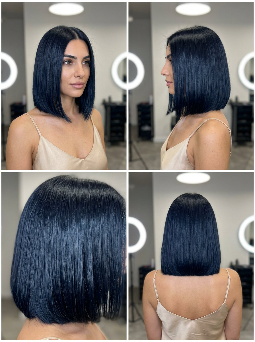 chin-length blunt bob haircut with blue-black color, razor-sharp perimeter for bold sophistication