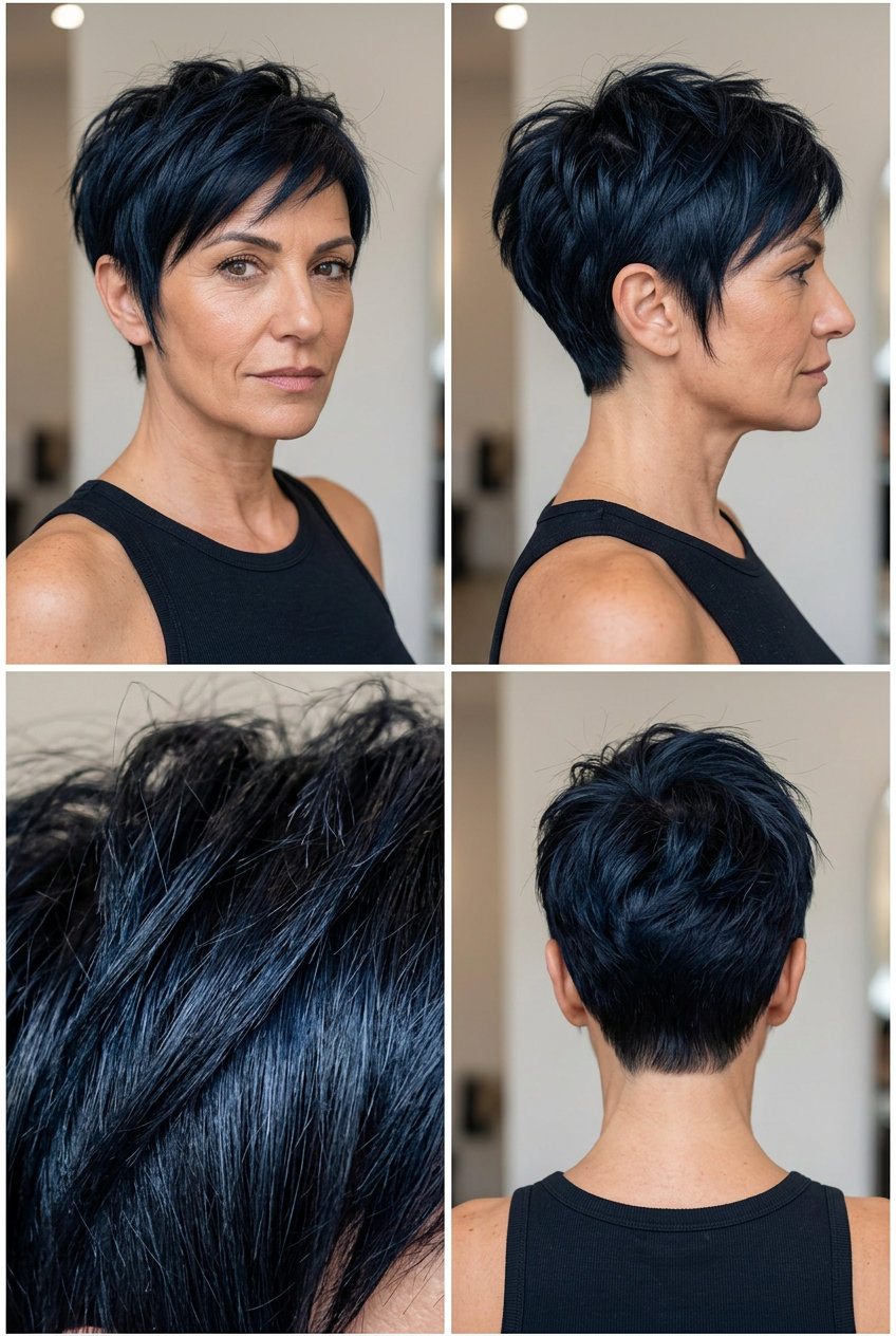 short blue-black pixie haircut with sculpted texture and tapered sides for summer