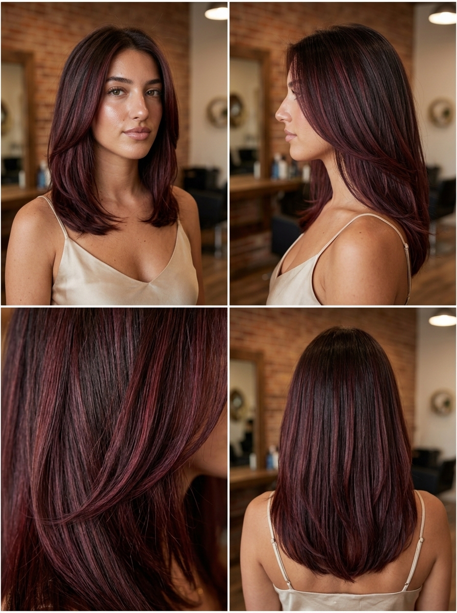 medium length layered cut in bordeaux wine balayage with ruby ribbons and dark chocolate base, soft U-shape back — soft dimensional style