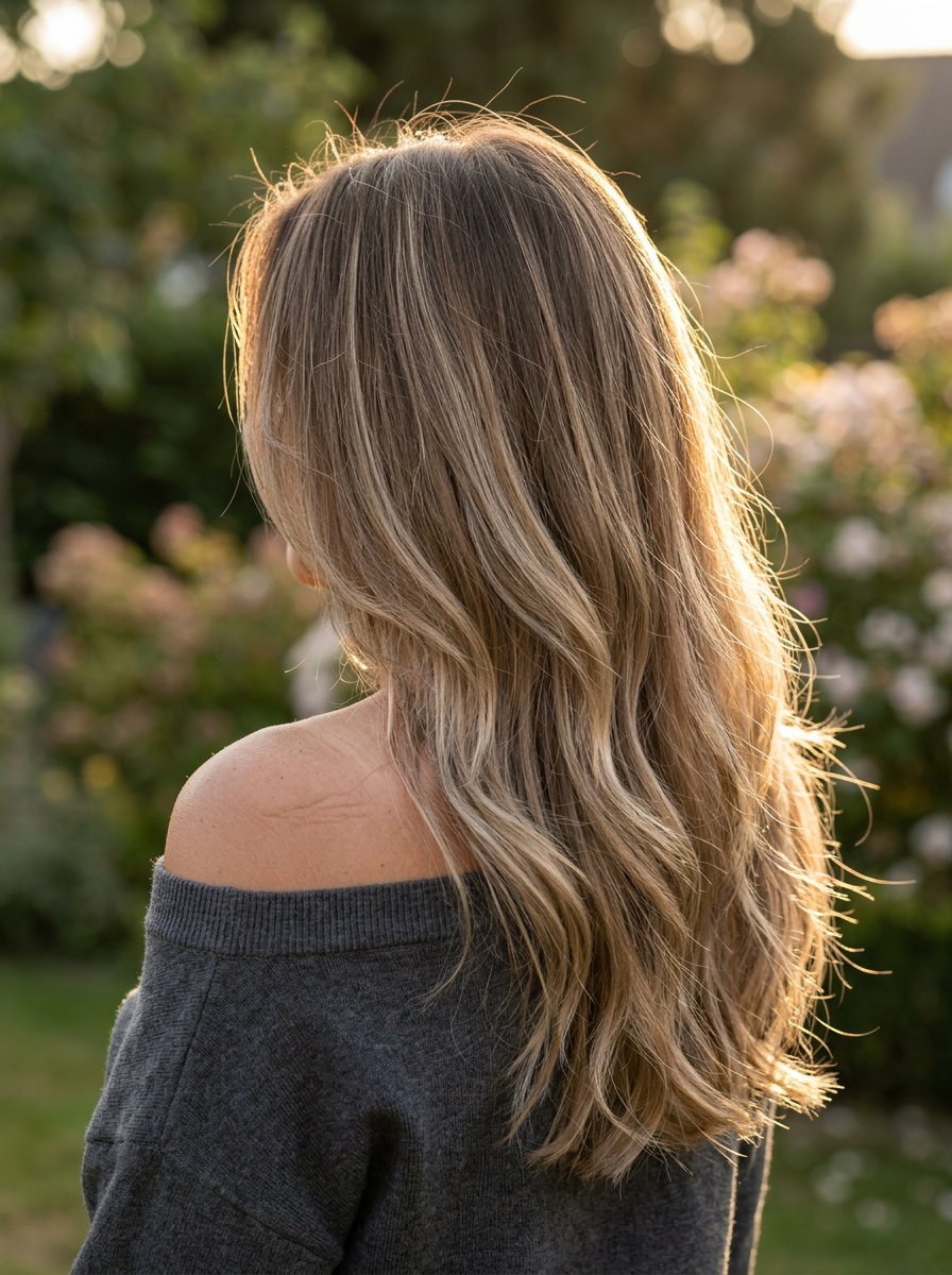 long mushroom bronde balayage with seamless ghost layers for effortless style