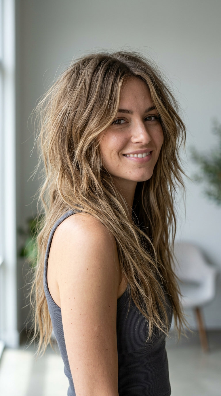 long shag haircut with sun-kissed bronde, sandy blonde balayage, choppy layers — playful, effortless, cool