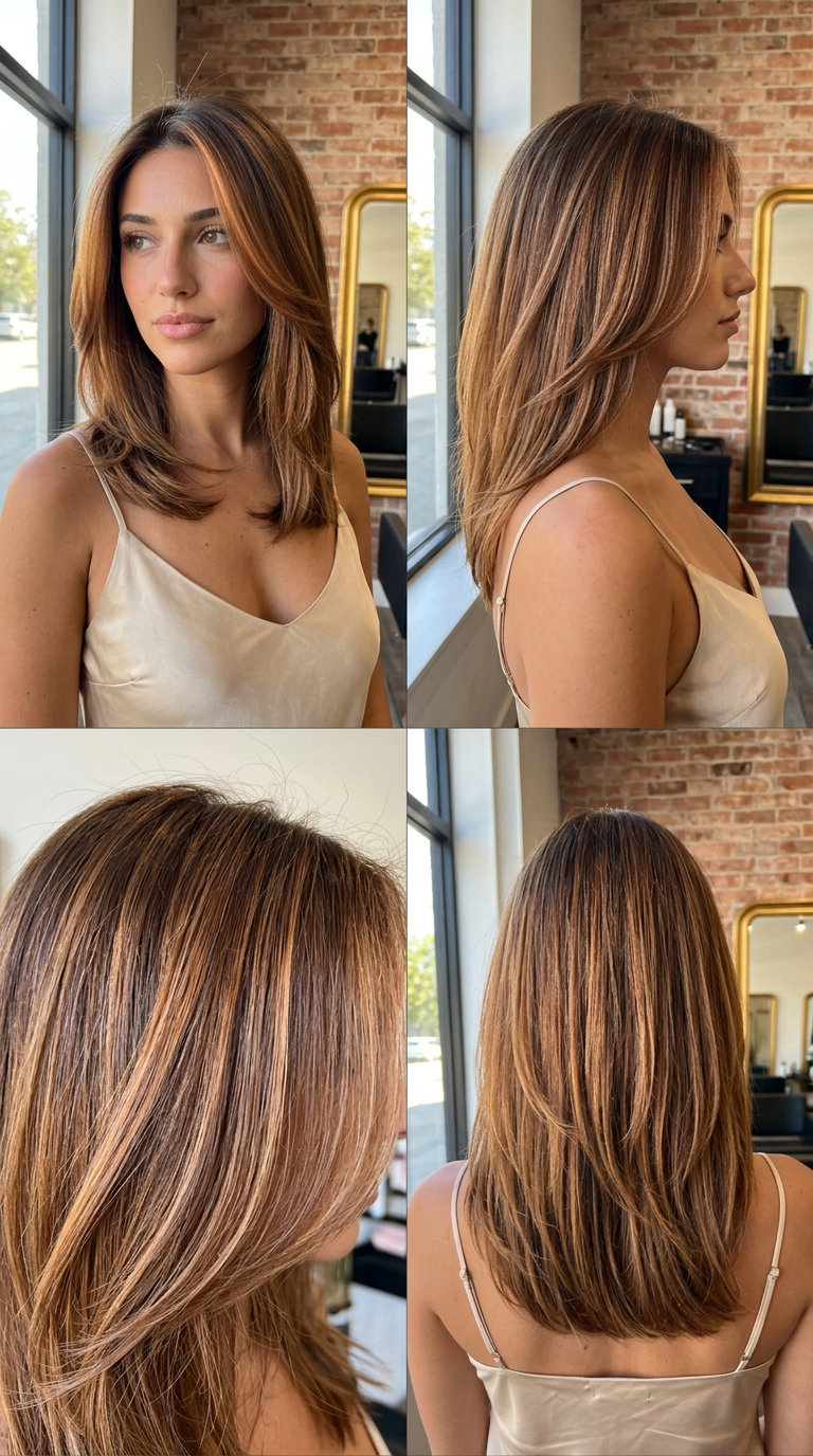 mid-length cut with metallic bronze balayage and soft layers for festivals