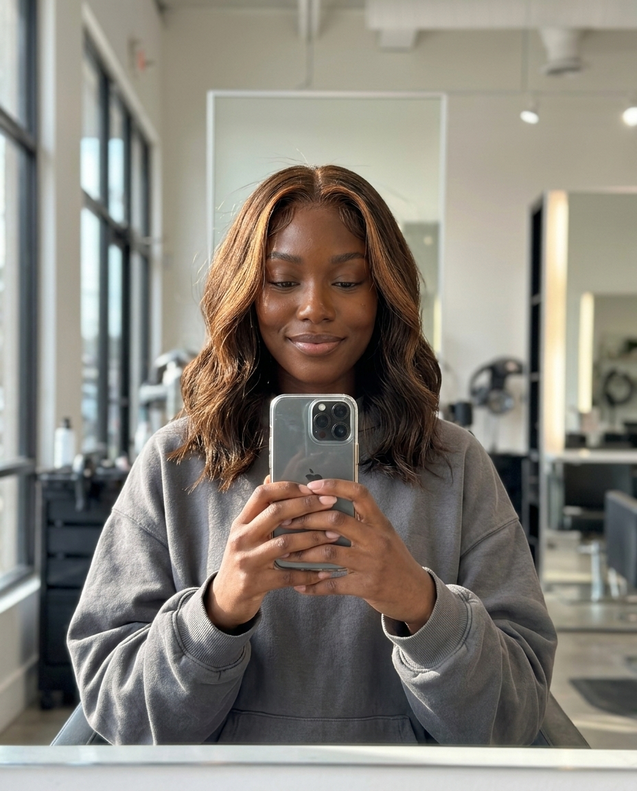 long chocolate brunette hair color with bronzed money pieces, warm bronze highlights, radiant halo — bold festival look