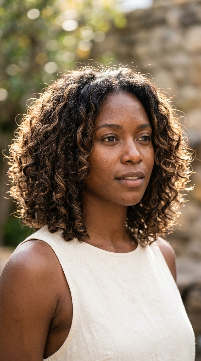 Tousled Lob: Summer Hairstyle 2026 shoulder-length tousled lob with deep brown and amber highlights, natural texture, no fringe — effortless summer