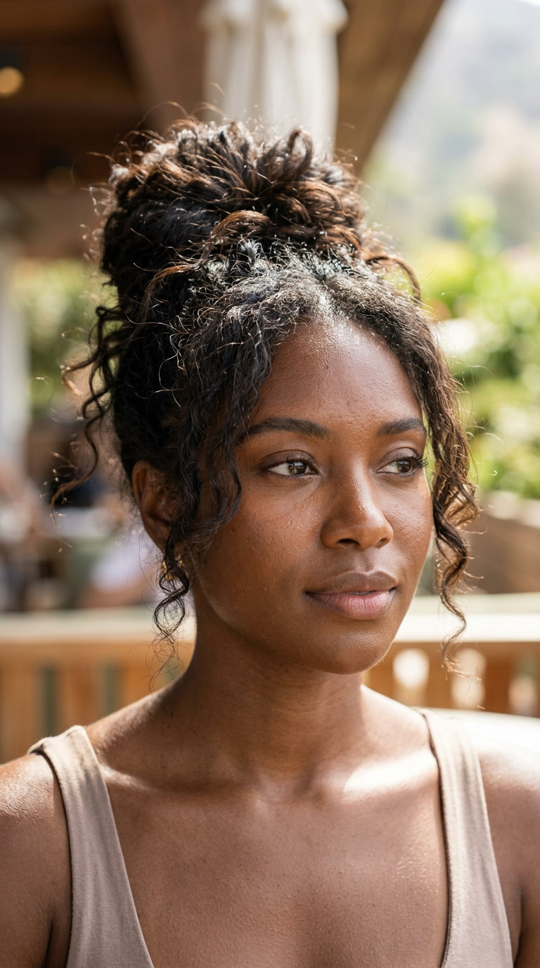Boho Messy Bun: Effortless Style 2026 long messy bun with deep brunette and amber highlights, natural texture, no fringe — bohemian weekend