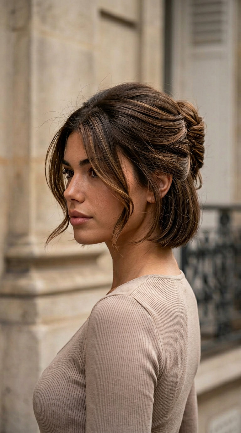 chin-length bob haircut in natural brunette with caramel balayage styled into a French twist for summer