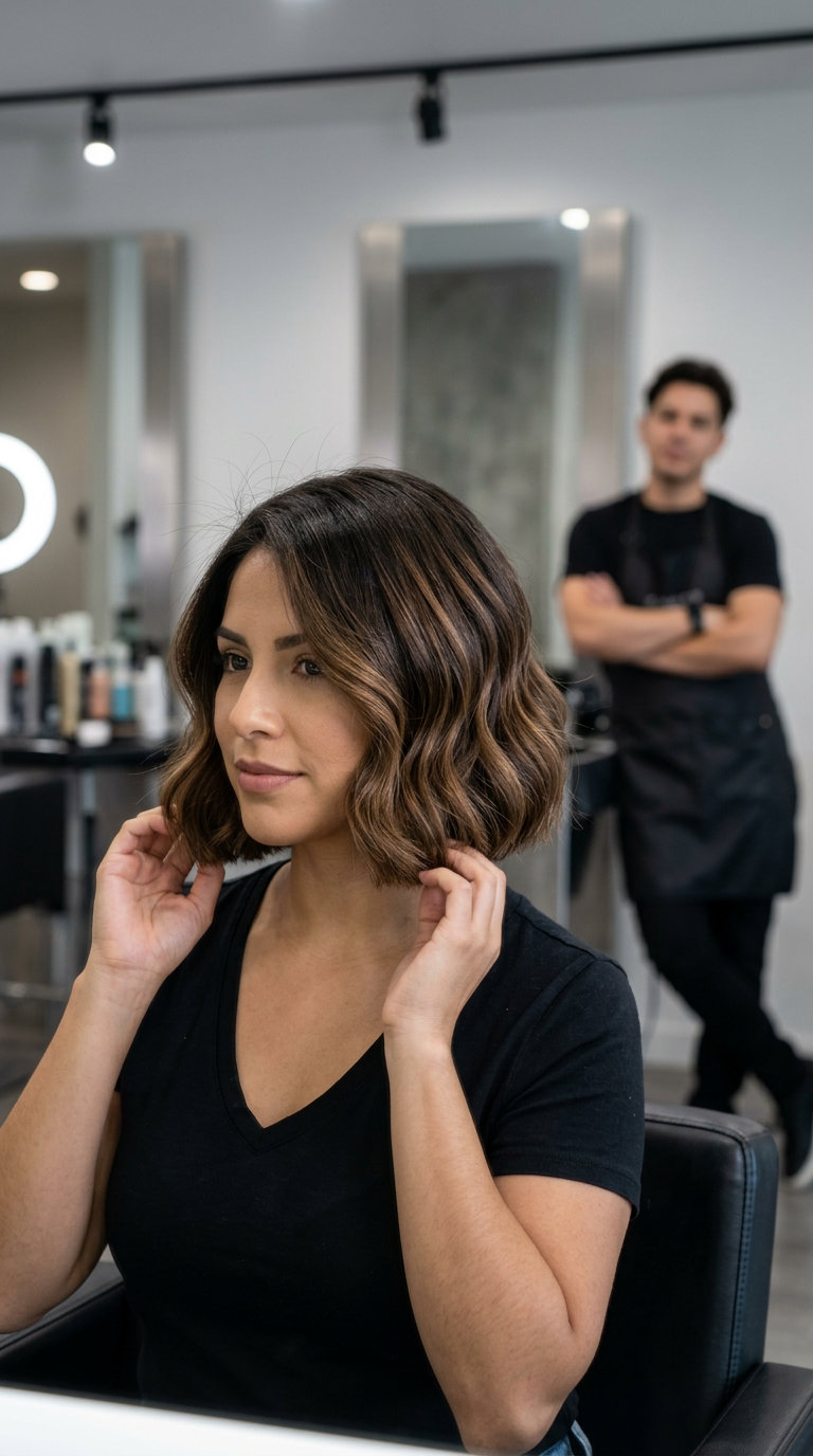 chin-length bob haircut in deep brunette with caramel ribbons styled into soft waves for summer