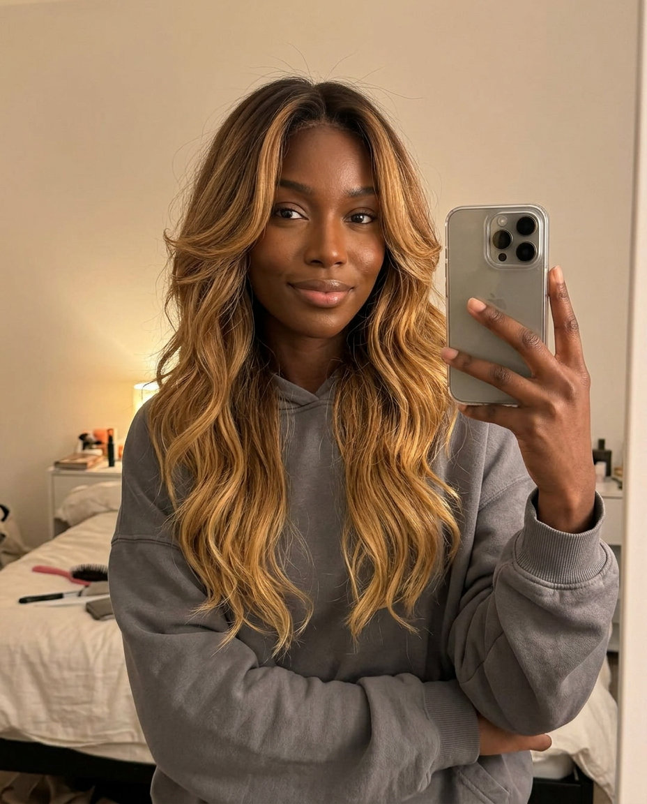 long brunette to honey blonde ombré wolf cut, caramel mid-lengths, balayage, long layers — effortless beachy waves
