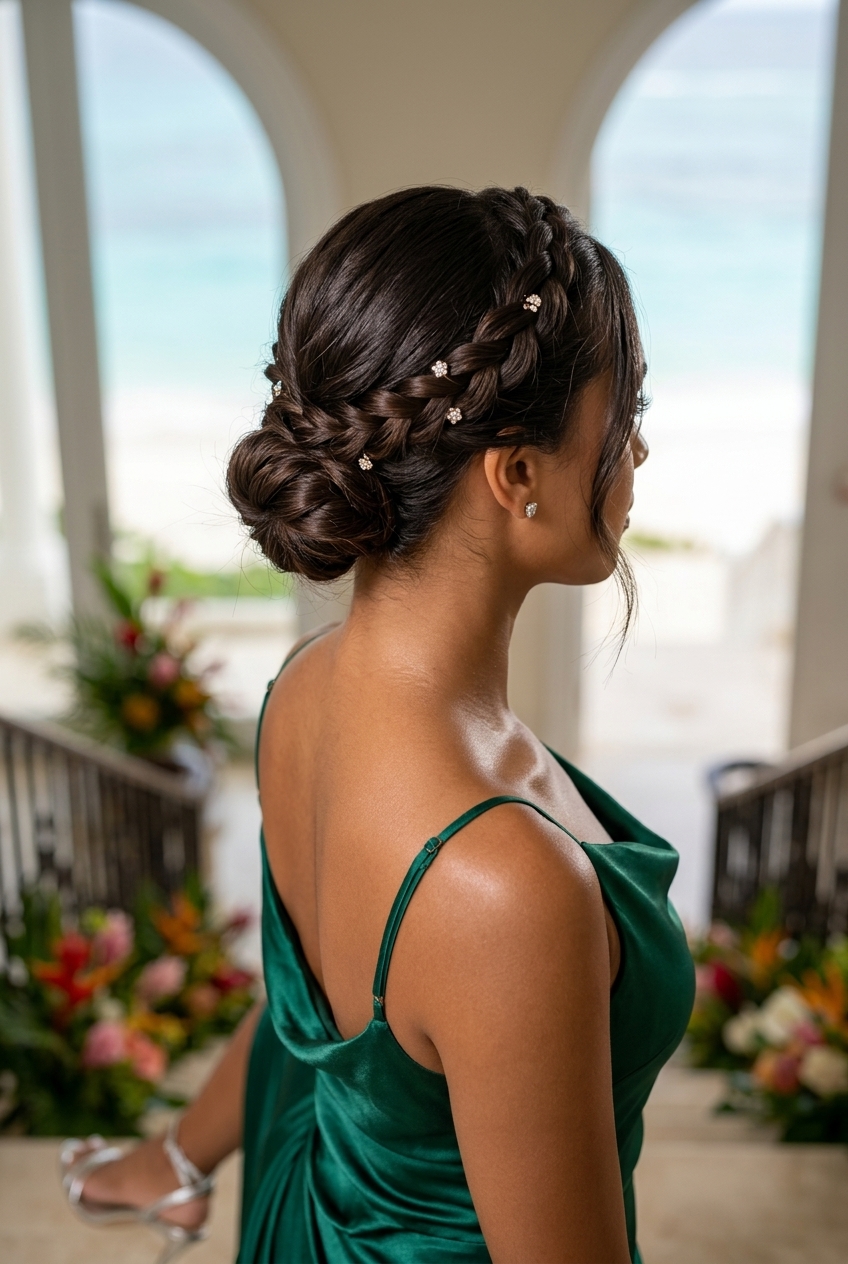 Twisted Crown Half-Up Hairstyle 2026 long brunette half up half down with rich natural tones, twisted crown with jeweled pins for formal event