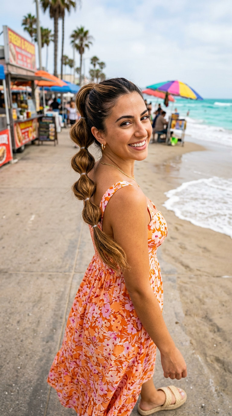 long layered brunette with caramel balayage bubble braid ponytail for summer