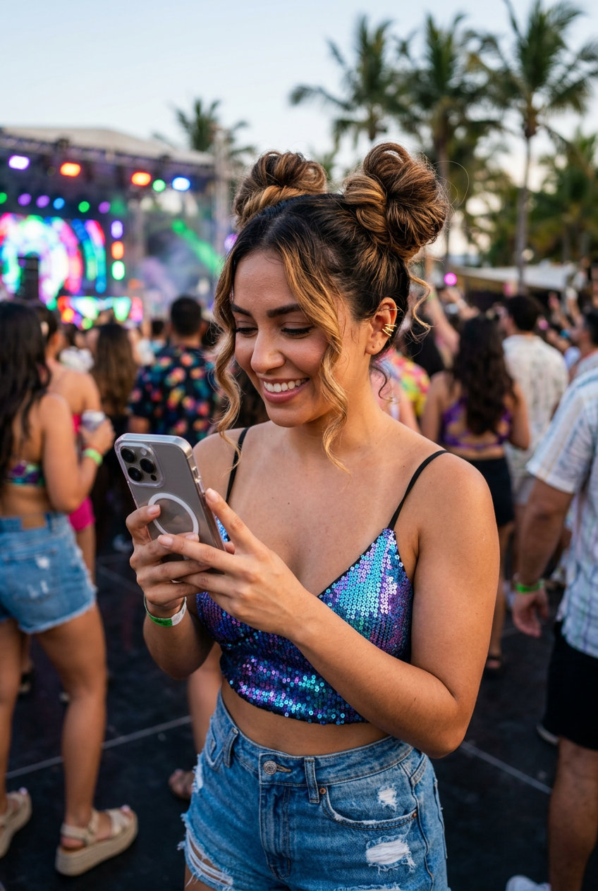 long layered brunette with caramel balayage space buns for summer festival